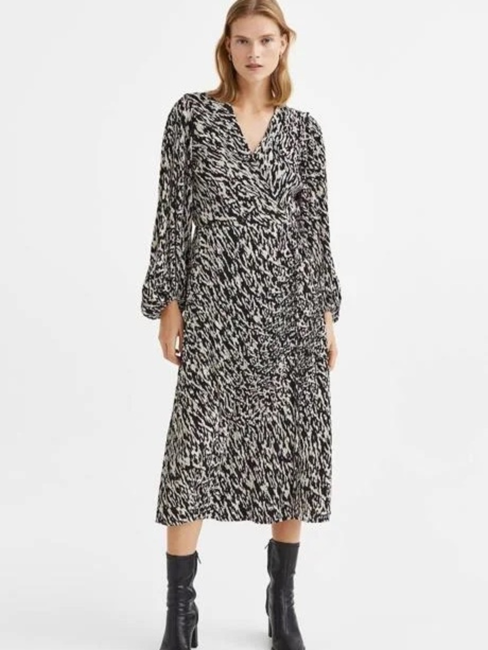 H&M Black and White Printed Wrap Midi Dress